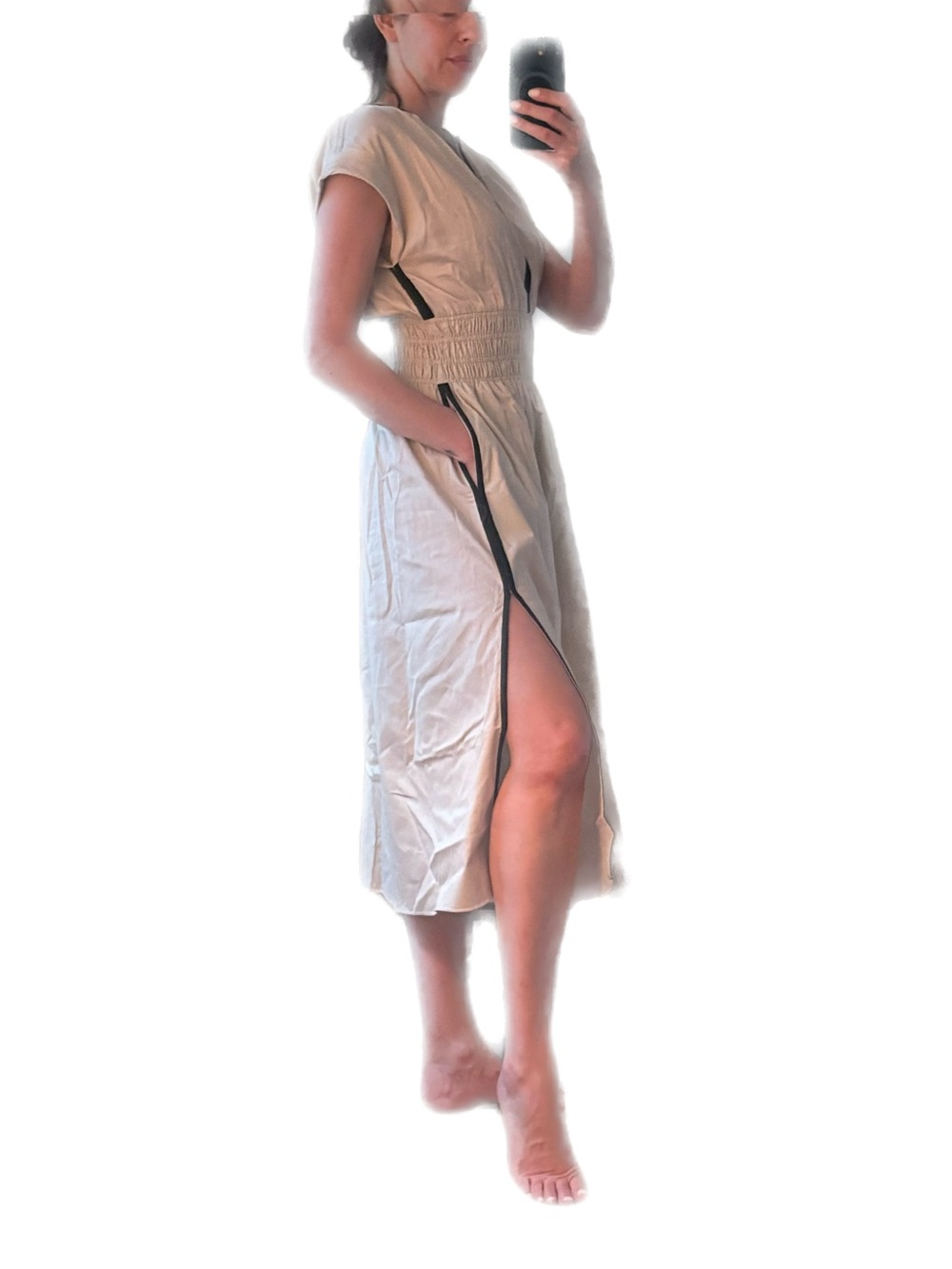 Beige/Cream Smocked Waist Midi Dress with Contrast Trim - Picture 9 of 9